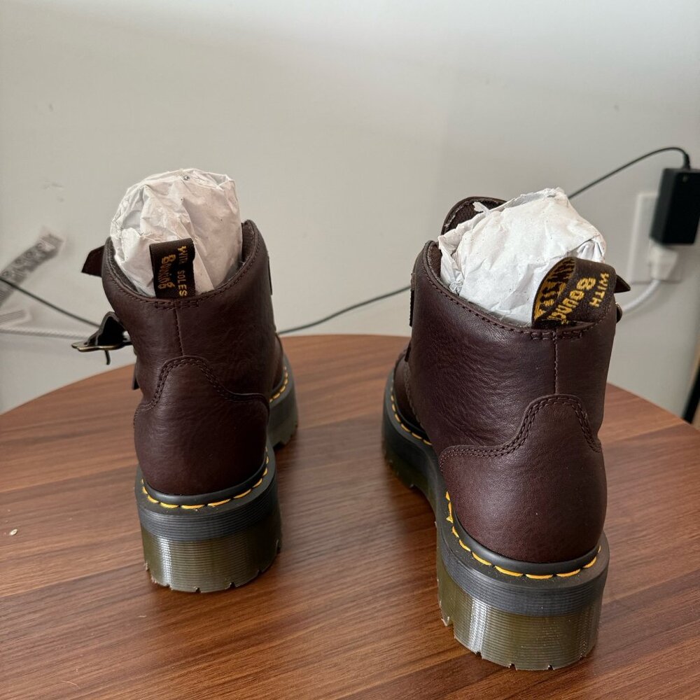 Dr. Martens Devon Platform Boots Grizzly Leather, Flower Buckle Size 8